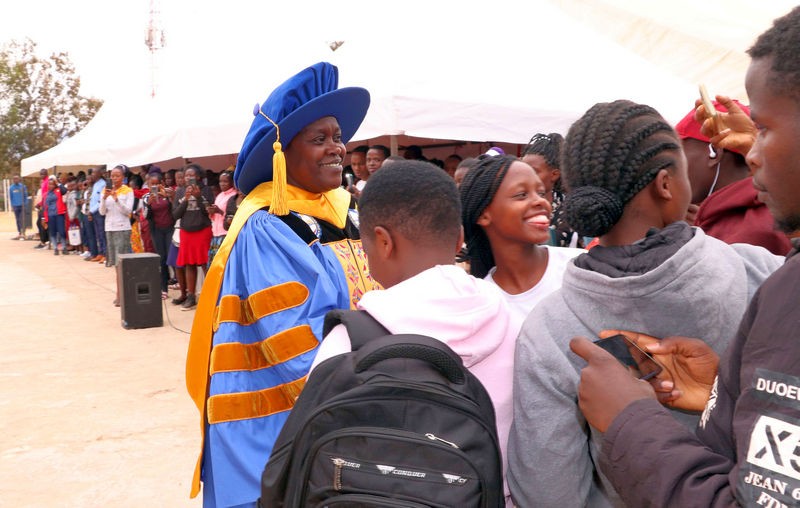 A joyful moment as the new students meet the Vice-Chancellor, Prof. Joyce Agalo