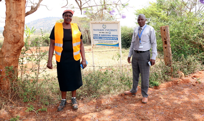 The Vice Chancellor Prof. Joyce Agalo and the Dean, School of Agriculture, Environment and Health Sciences, Dr. Julius Nzeve during the site inspection