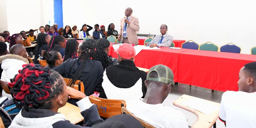 Deputy Vice-Chancellor (Academic and Student Affairs) Prof. James Muola, welcoming the First Years