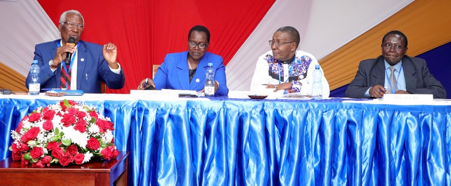 The  Chief Guest, Prof. Emeritus Ratemo Michieka (left) giving his remarks