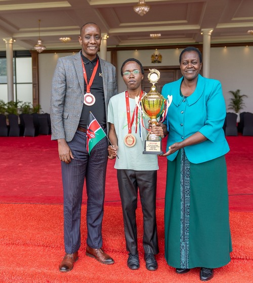 Vice Chancellor Prof. Joyce J. Agalo (right) with Salem Kim Lumumba (center) and his mentor, Mr. Franklin Mutisya at State House following their outstanding performance at the ICT Global Competition